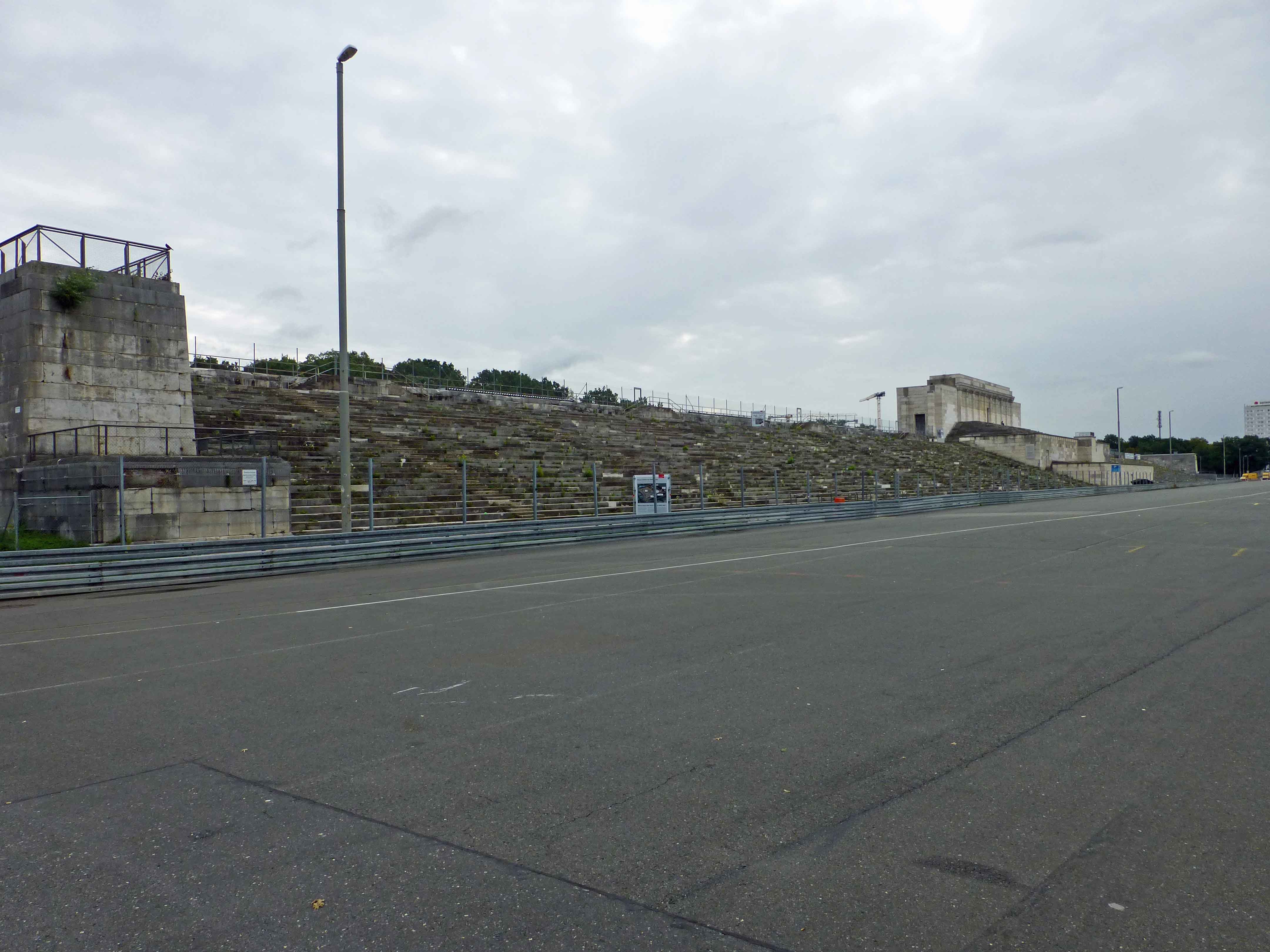 The main grandstands of Zeppelin Field (1935-36) held spectators for parades staged for Adolf Hitler