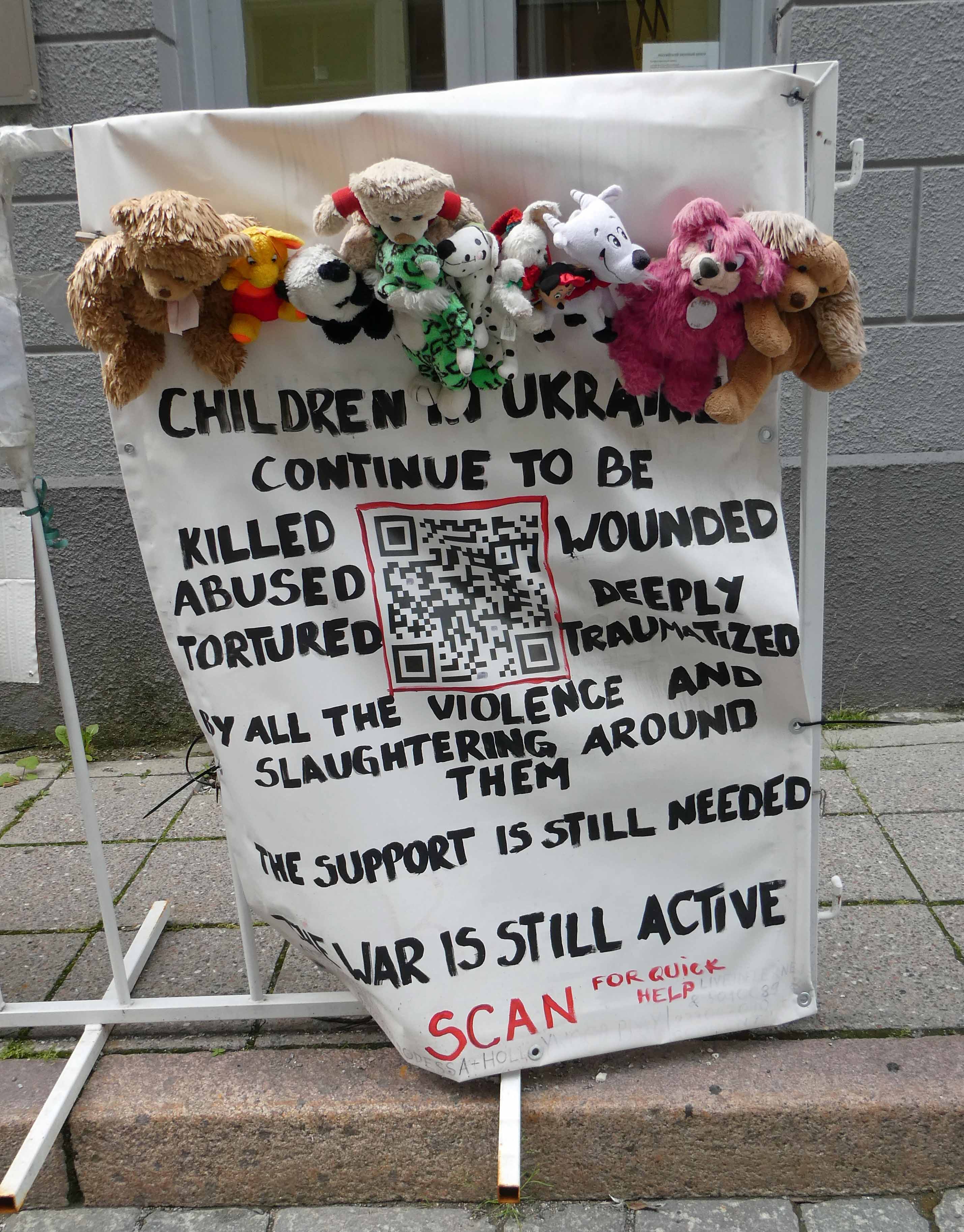 Signs in front of the Russian Embassy in Tallinn, Estonia