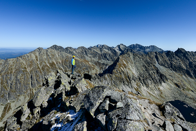 Myself on the eastern ridge of Hruby Peak, right above my head Mieguszowieckie Peaks 2438m, Tatra NP