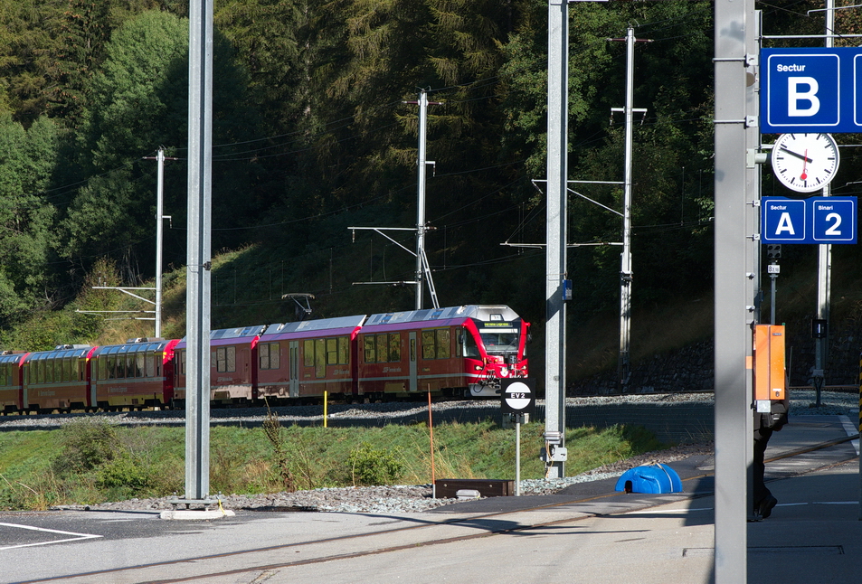 The Bernina Express arriving at Bergn Station