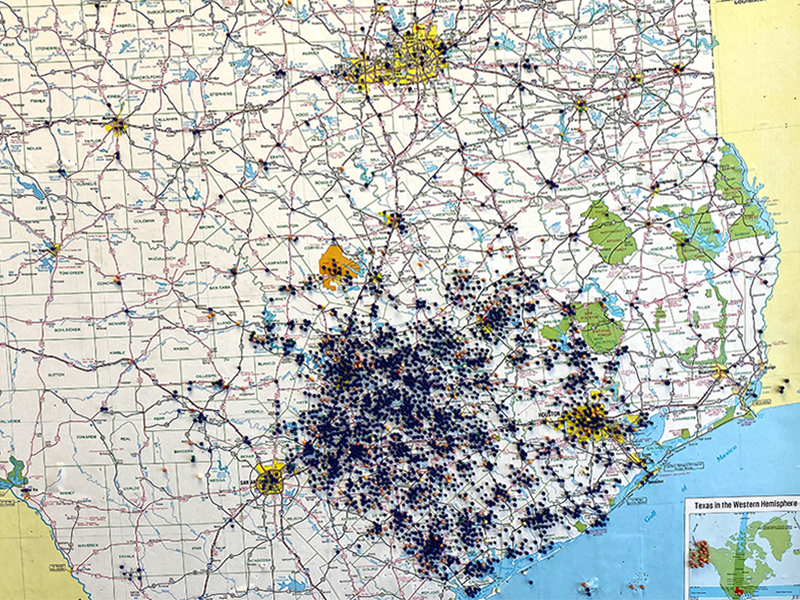 Pins in a map of Texas