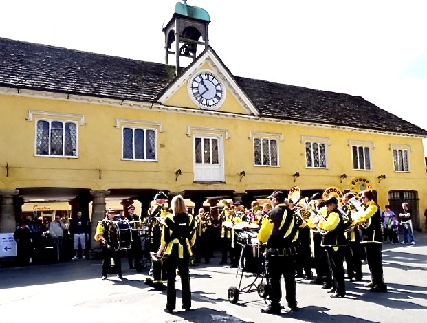 Tetbury, Gloucestershire, market hall and brass band
