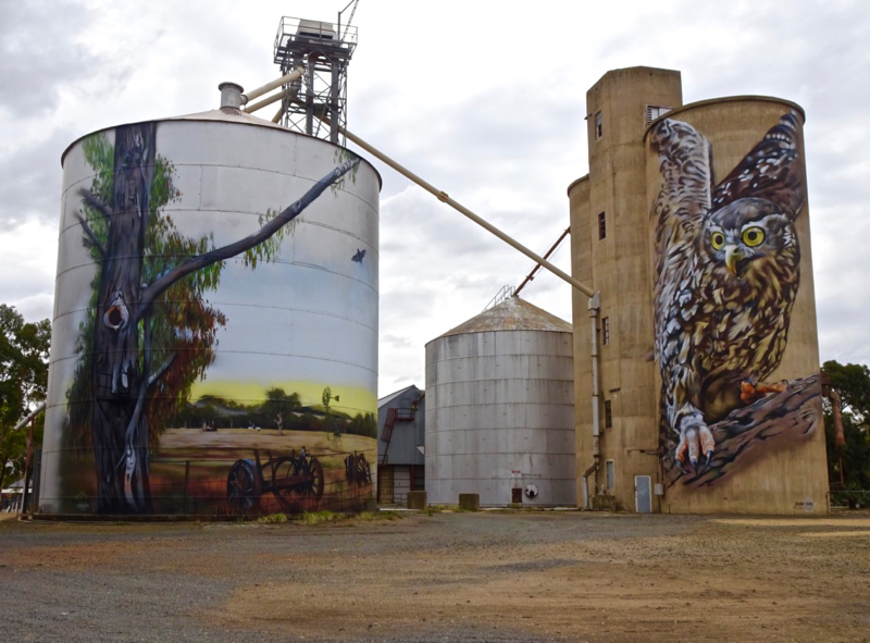 Painted grain silos at Goorambat, near Benalla, Victoria