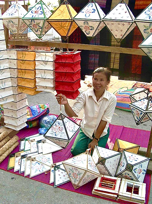 Papercraft vendor at street market in Luang Prabang