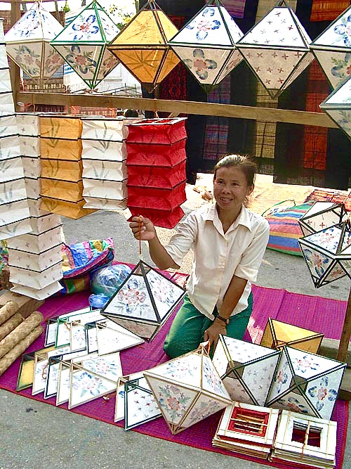 Papercraft vendor at street market in Luang Prabang