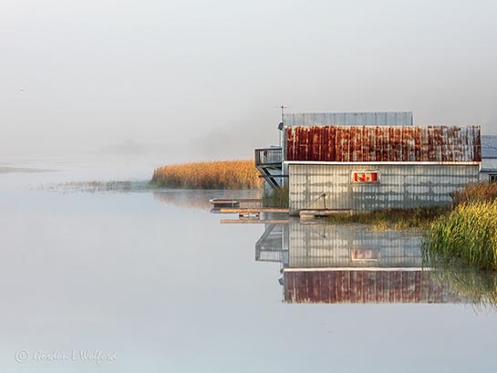 Boathouses At The Swale In Fog DSCN02118