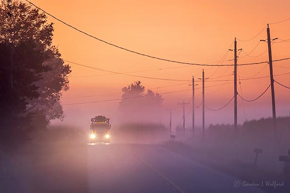 Oncoming Truck In Sunrise Ground Fog P1460237