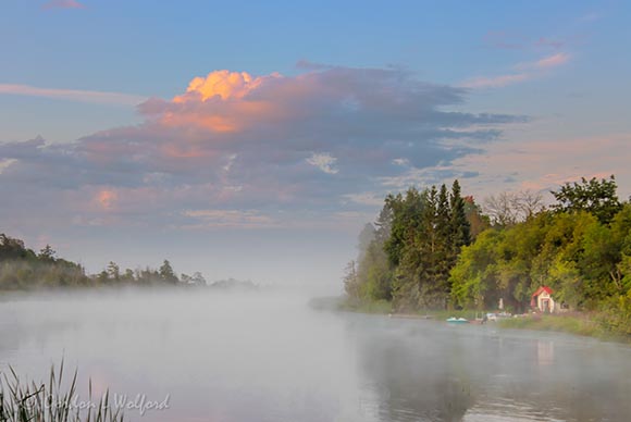Cottage Beside Misty Water At Sunrise 90D75960-4