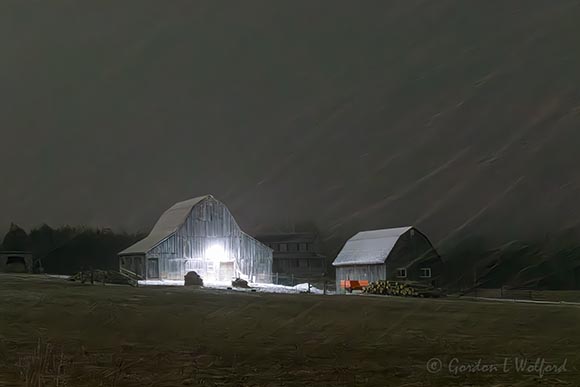 Two Barns In Night Spring Snowstorm 90D147638