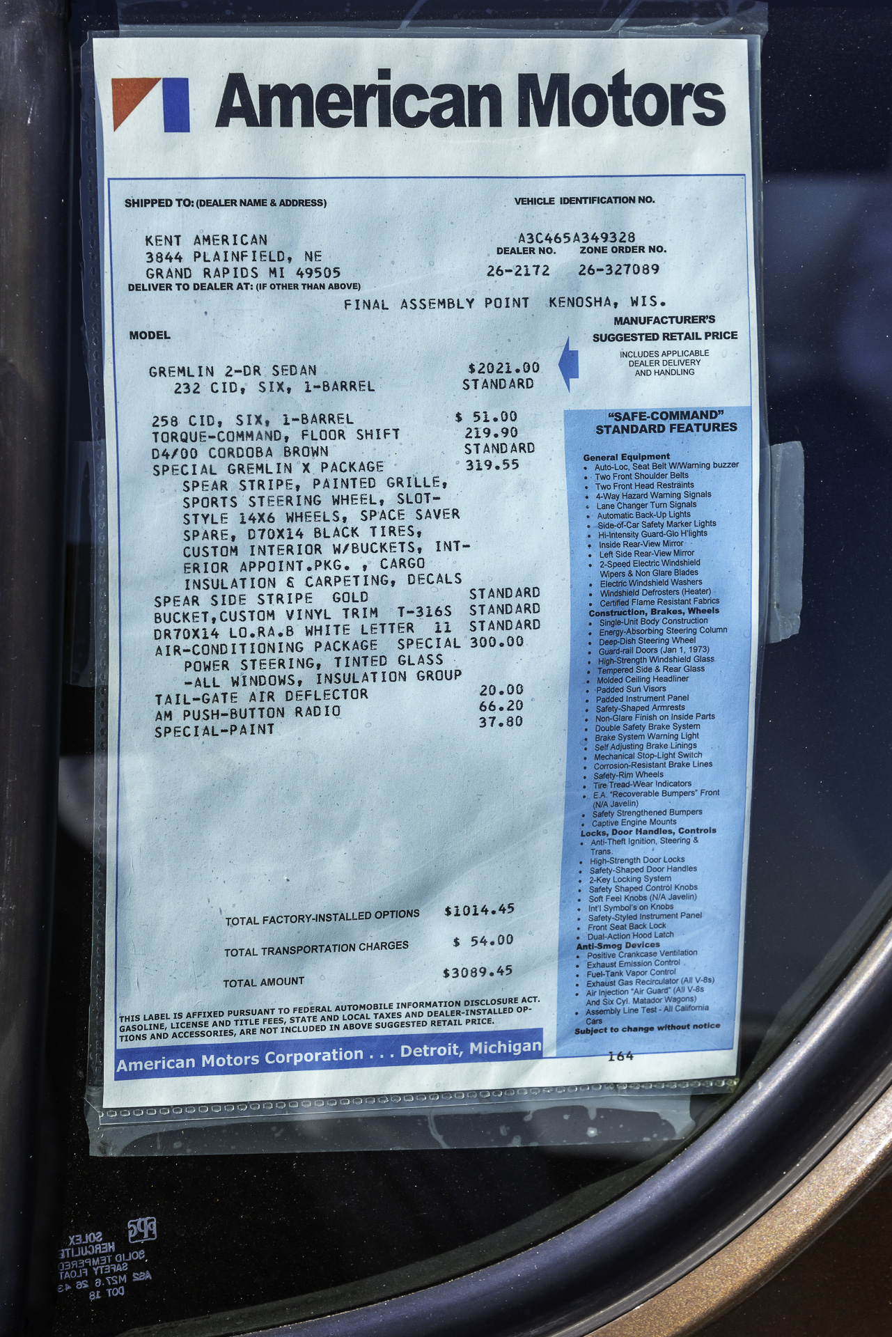 1973 AMC Gremlin X original window sticker
