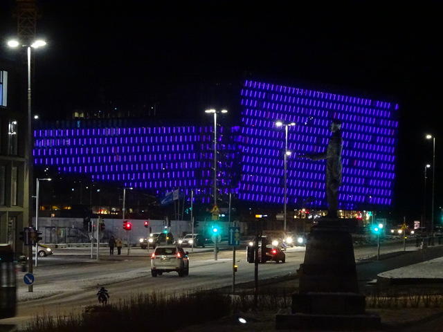 Harpa concert hall with colour changing lights