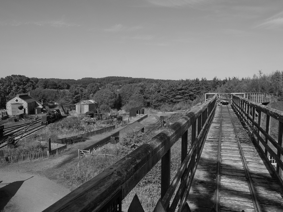 Beamish Museum - elevated rails for coal wagons BW