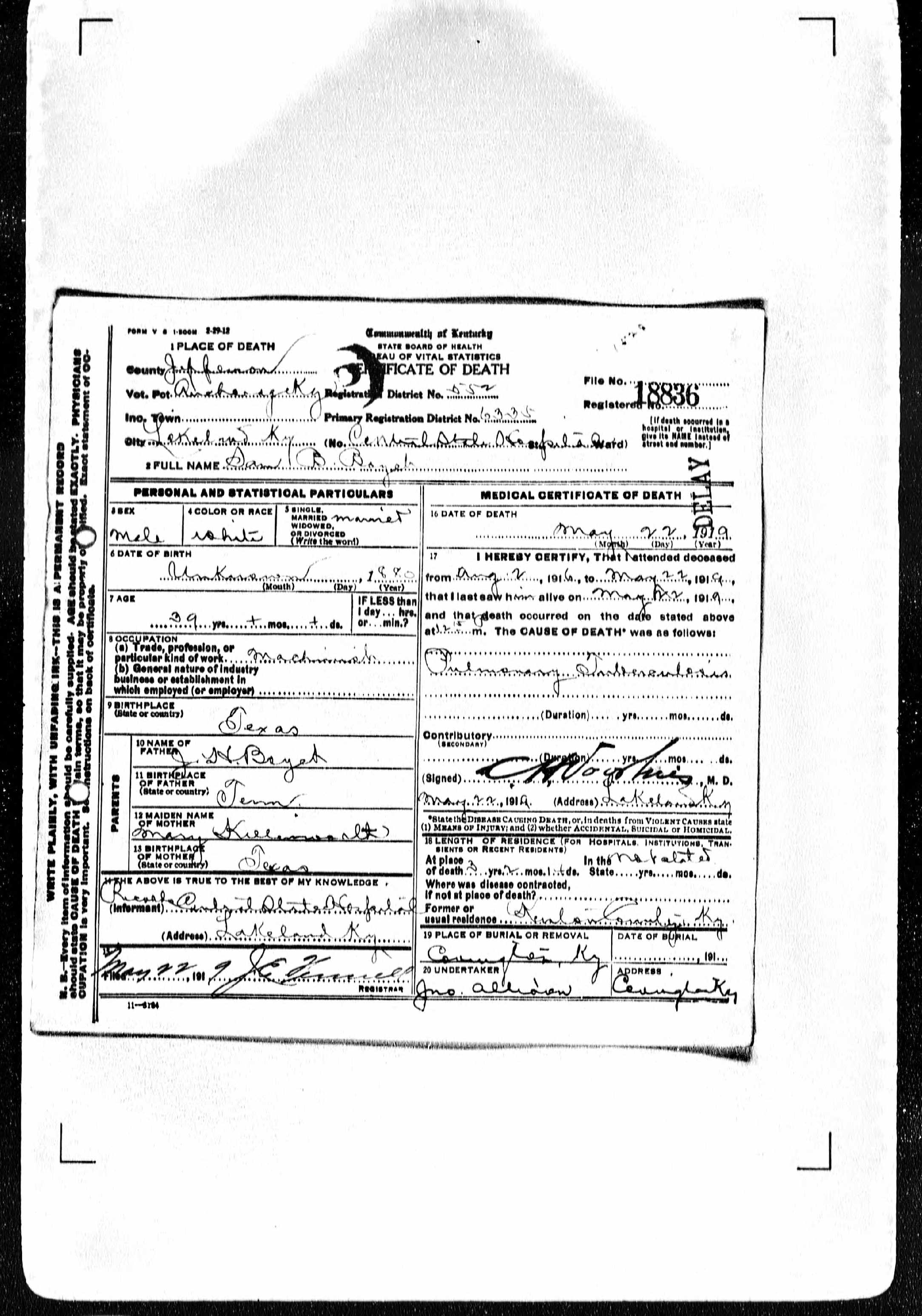 Samuel B Boyett DC KY 1919