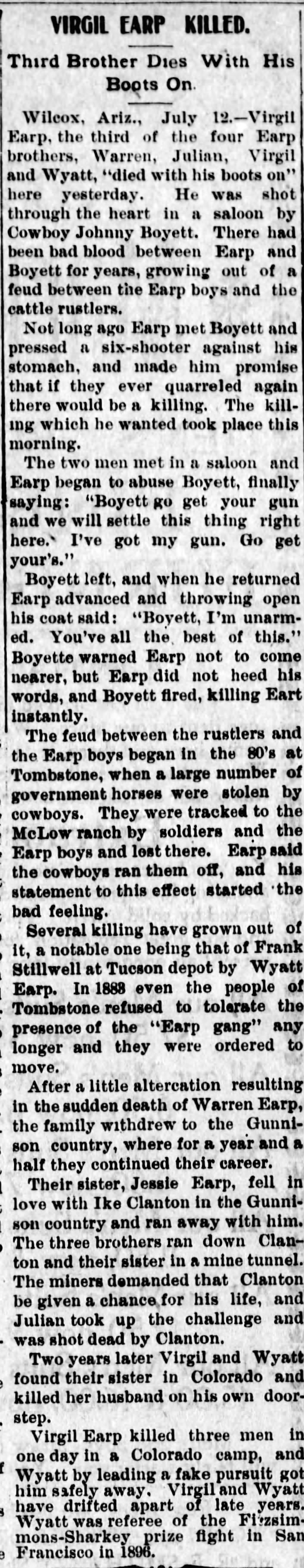 Virgil Earp Killed by Cowboy Johnny Boyett