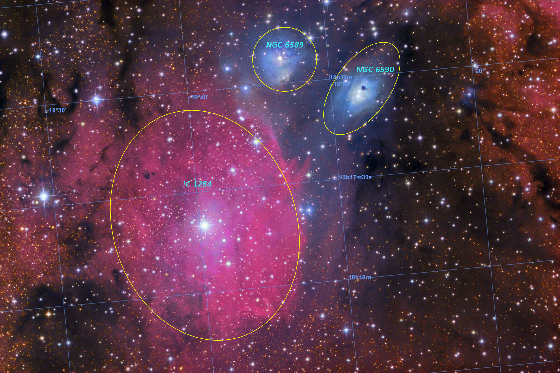 IC 1284, NGC 6589, NGC 6590 (Annotated version)