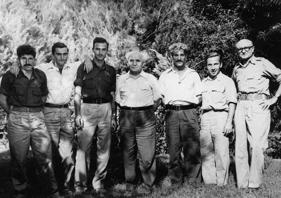 Prime Minister David Ben Gurion with the team that sank the Emir Farouk off Gaza 1948