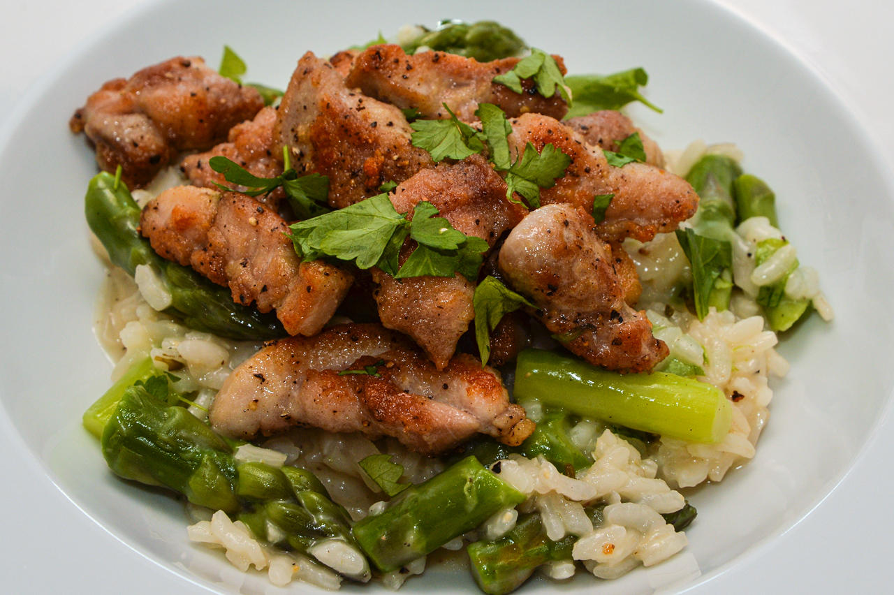 Crispy Chicken with Asparagus Risotto.