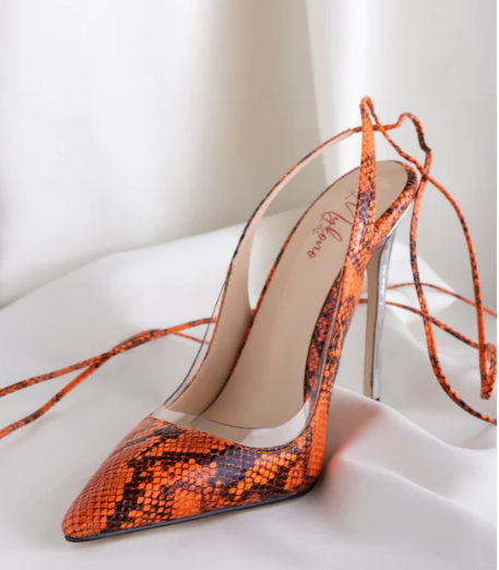 Leather Pointed Toe Party High-Top Stiletto Gladiators Heels - Orange - Snake Print.PNG