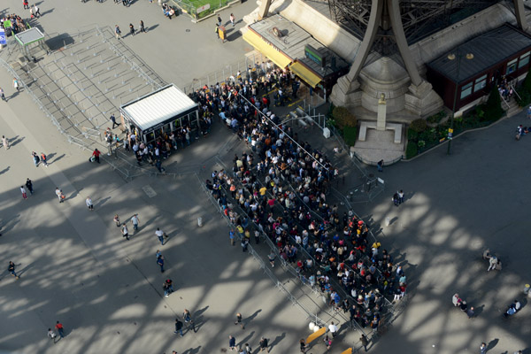 The long line to buy tickets for the elevator up the Eiffel Tower, September 2017