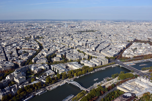 View north from the Eiffel Tower with the Seine and Arc de Triomphe 