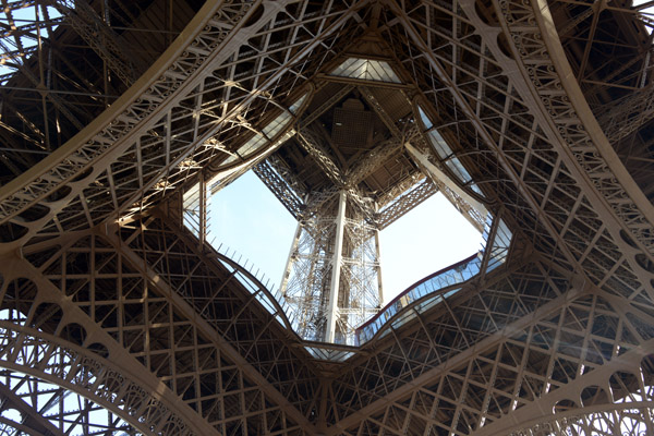 Looking up from beneath the Eiffel Tower