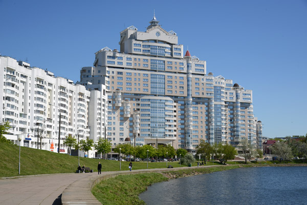 Riverside promenade in front of upscale apartments next to Troitsky, Minsk