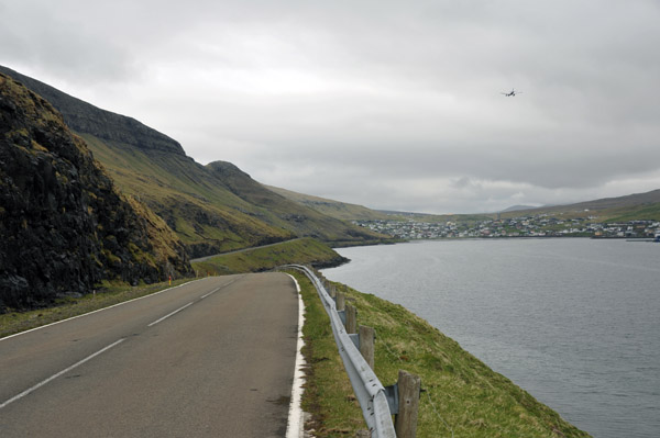 Main road of the island of Vágar along the north shore of Sørvágsfjør∂ur