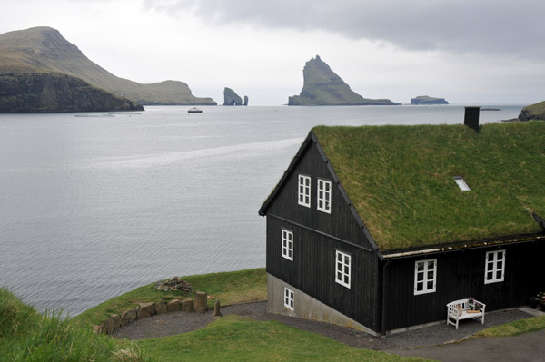 Turf-roofed house typical of the Faroe Islands, Bøur, Vágar