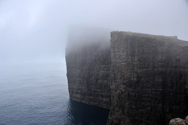 Misty low lying clouds obscure the clifftop, Trælanípan, Vágar