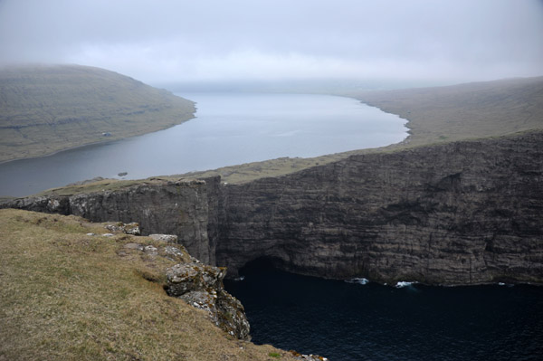 Cliffs of Trælanípan with Søgvágsvatn/Leitisvatn, Vágar, Faroe Islands
