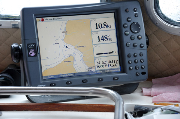 GPS with moving map on the tour boat, Vestmanna Sea Cliffs