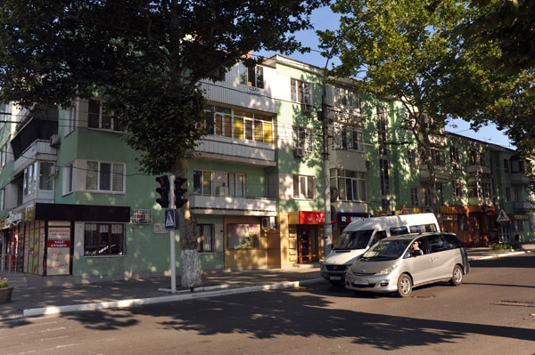 Soviet-era low-rise architecture on a shady side street, Tiraspol