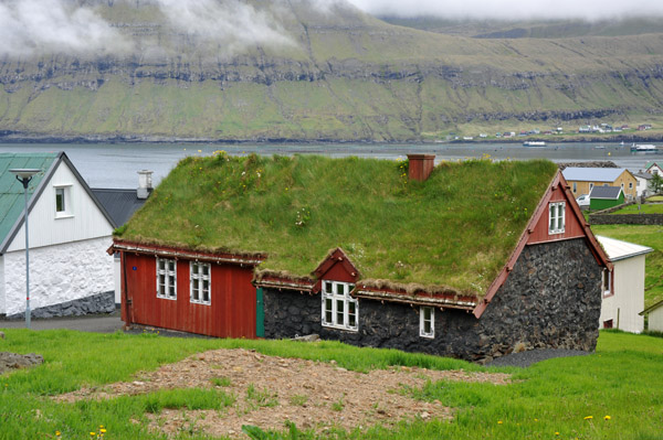 Turf roofed house, Oyndarfjørður, Eysturoy, Faroe Islands