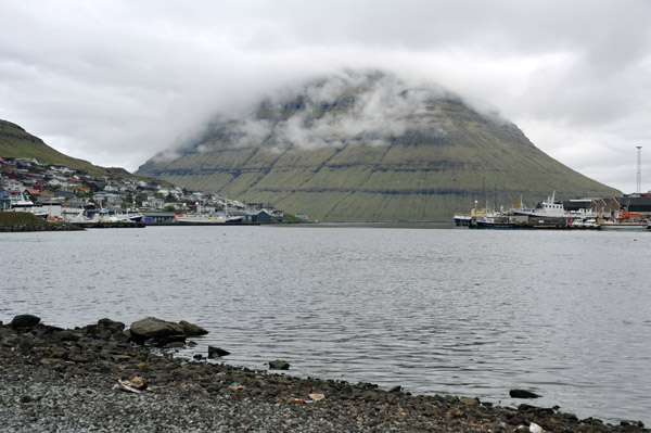 Port of Klaksvk with the mountainous south end of the island of Kunoy, Faroe Islands