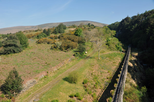 View of the aqueduct leading to the Laxey Wheel from the central highlands of the Isle of Man