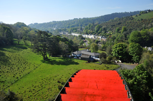 The top of the Laxey Wheel with a view of the village of Laxey