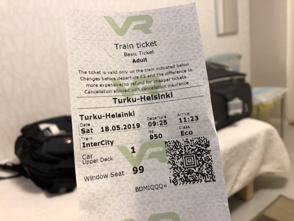 Train ticket for the 2 hour ride from Turku to Helsinki, 18.05.2019