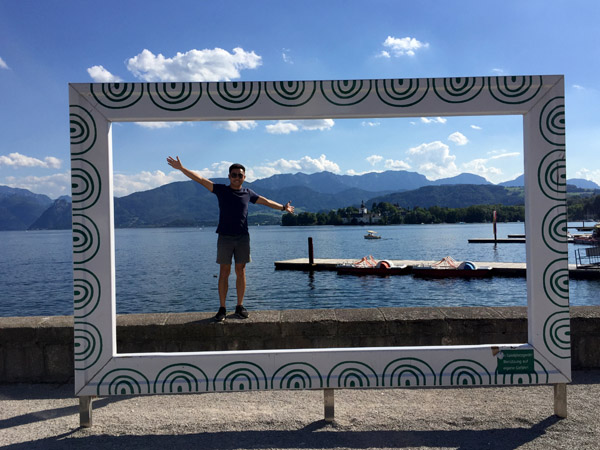 Max framed with the Traunsee, Gmunden, Austria