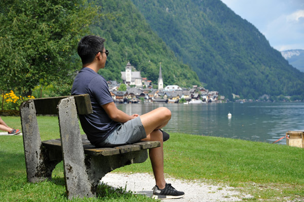 Benches along scenic Hallstttersee, Salzkammergut