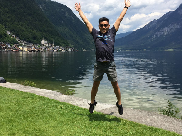 Max enjoying Hallstatt, a village loved by Asian tourists