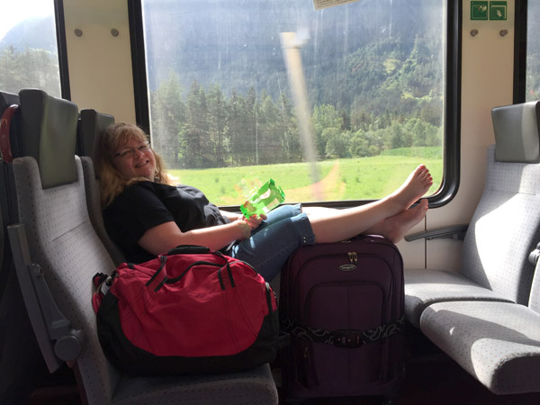 Deb on the train from Austria for her first trip to Italy