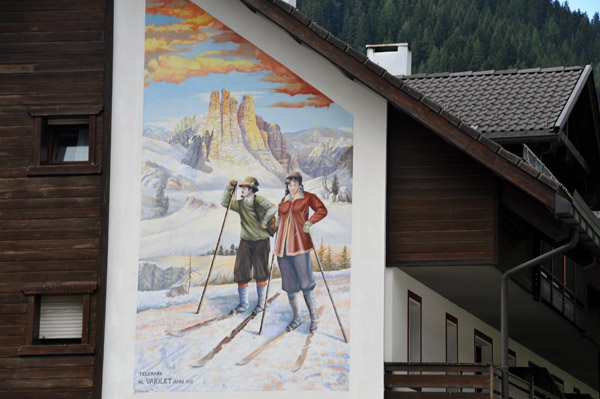 Mural of skiers, Canazei