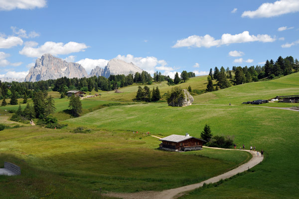 Hikers in the Seiser Alm with Seiser Alm with Langkofel and Plattkofel