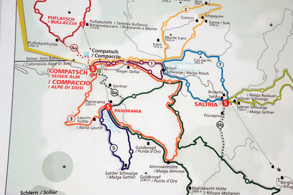 Map of hiking trains around the Seiser Alm