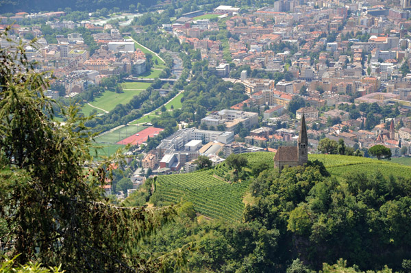 Chiesa di San Giorgio from above with the city of Bolzano