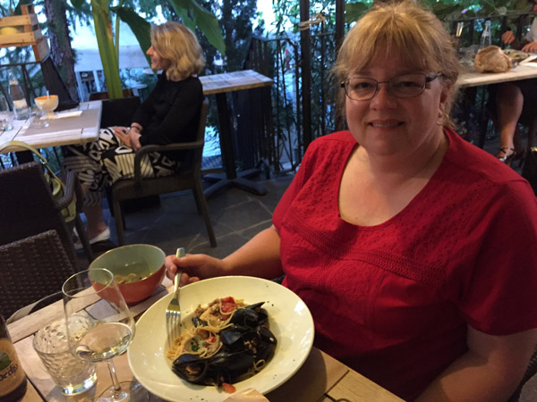 Debbie at dinner in Bolzano