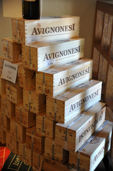 Stacks of wooden Avignonesi wines