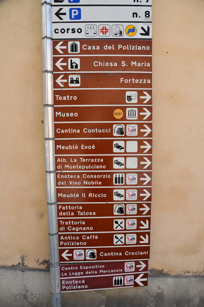 Signs for the attractions of Montepulciano