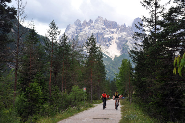 Cycle path along the valley floor to the north of Cortina d'Ampezzo, Dolomites