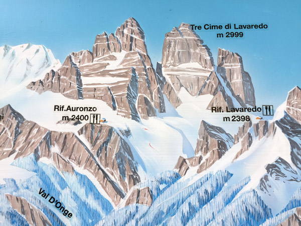 Winter map of the Tre Cime di Lavaredo and Rifugio Auronzo
